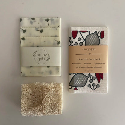 Eco Set | Bijenwasdoeken Set van 3, Zweedse Vaatdoek & Luffa