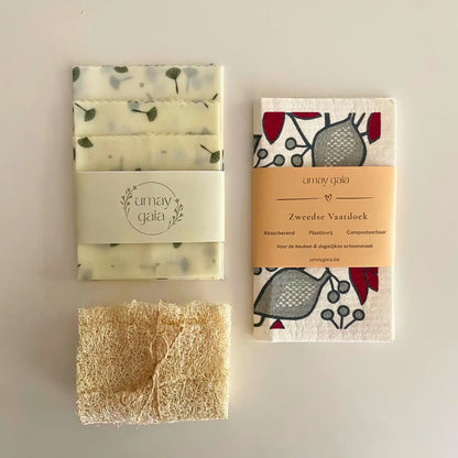 Eco Set | Bijenwasdoeken Set van 3, Zweedse Vaatdoek & Luffa