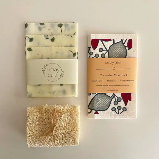 Eco Set | Bijenwasdoeken Set van 3, Zweedse Vaatdoek & Luffa