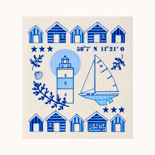 Zweedse vaatdoek Coast met blauw kustmotief en vuurtoren - duurzaam herbruikbaar keukendoekje