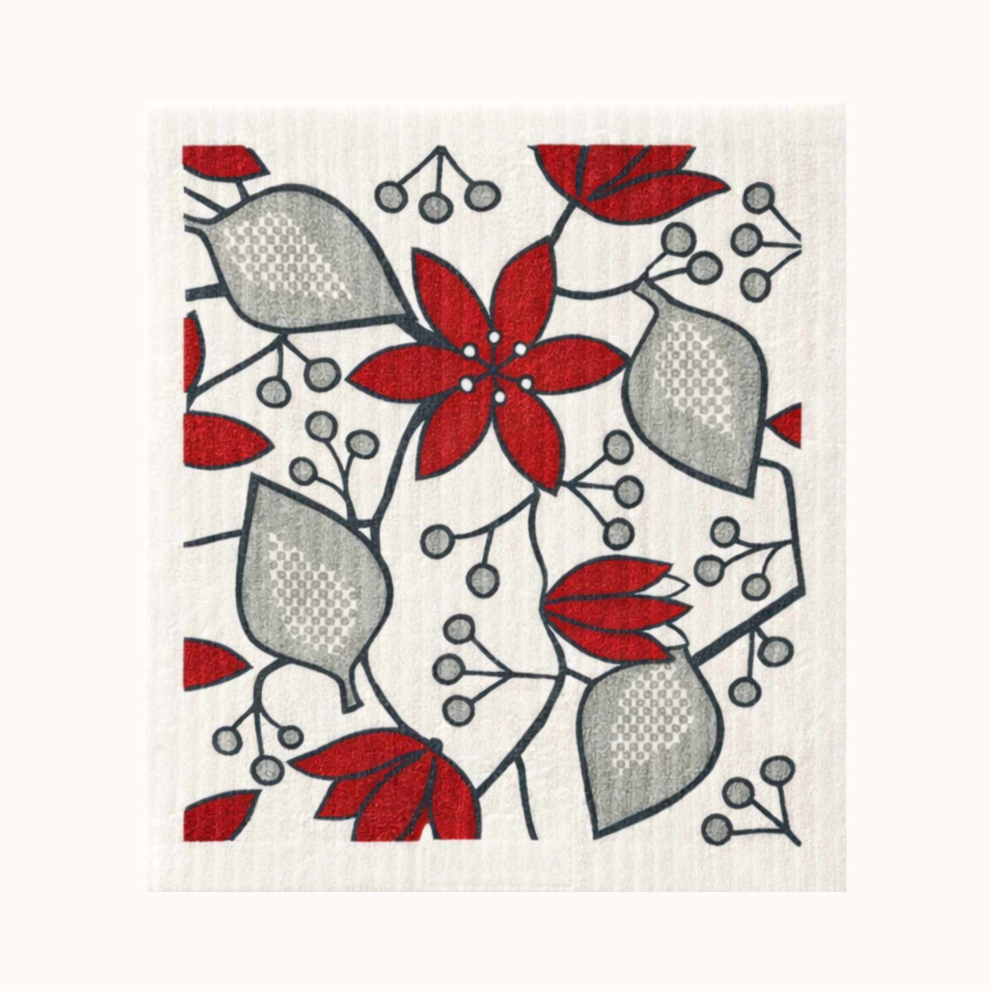 Zweedse vaatdoek Helleborus Rood met bloemmotief - duurzaam herbruikbaar keukendoekje