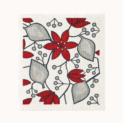 Zweedse vaatdoek Helleborus Rood met bloemmotief - duurzaam herbruikbaar keukendoekje