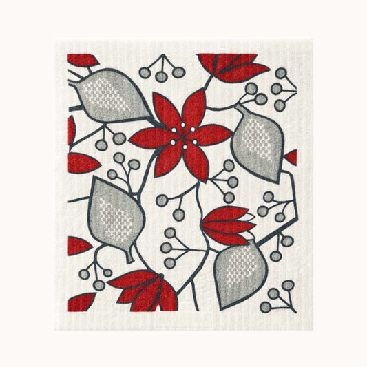Zweedse vaatdoek Helleborus Rood met bloemmotief - duurzaam herbruikbaar keukendoekje