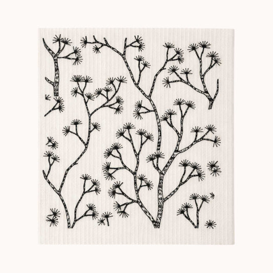 Zweedse vaatdoek Pine design met zwart-wit dennenmotief - duurzaam herbruikbaar keukendoekje